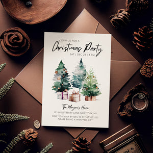 Editable Digital Christmas Party Invitation - Classic Watercolor Christmas Tree Birthday Party Digital Invitation - Canva Template Instant Download