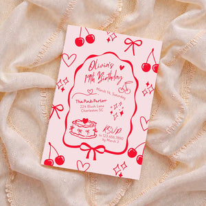 Coquette Cherries and Bows Birthday Party Digital Invitation - Editable