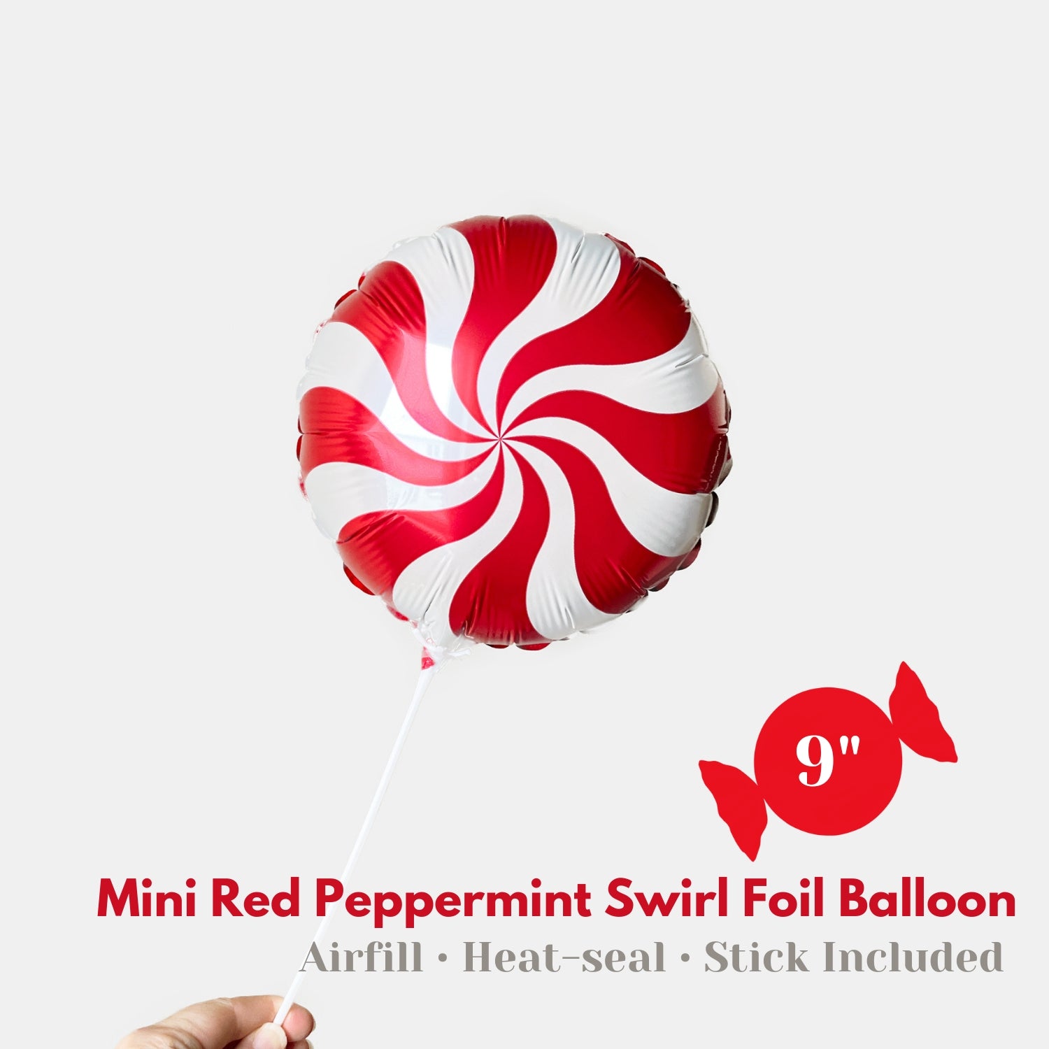 Mini Air-fill Red White Peppermint Swirl Candy Foil Balloon 9" - Christmas Party Loot Bag Party Favor - Winter Holiday Photo Prop