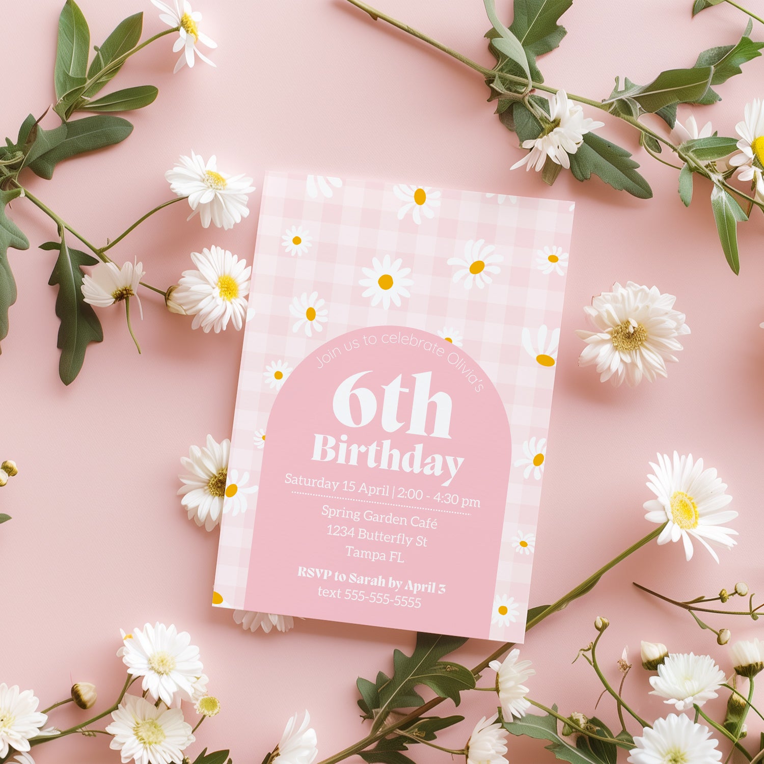 Editable Digital Pink Gingham Daisy Birthday Invitation