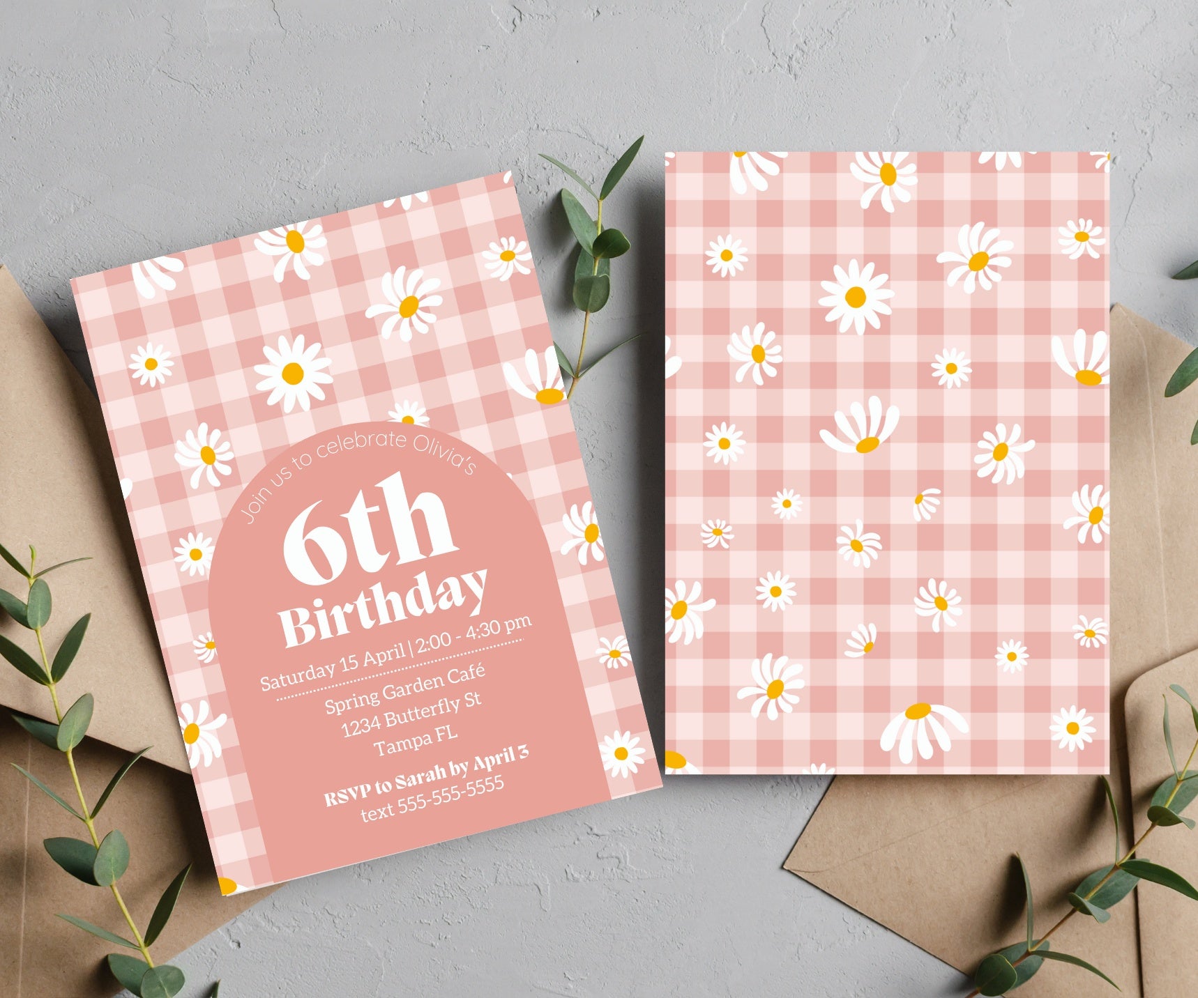 Editable Digital Blush Gingham Daisy Birthday Invitation
