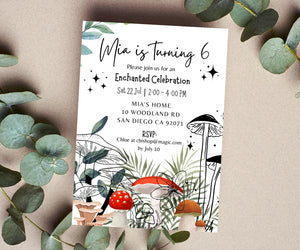 Editable Digital Enchanted Forest Birthday Invitation with Floral and Mushroom Illustrations
