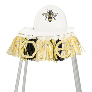 Gold Glitter Hexagon ONE Script Letter Banner - Bees Theme First Birthday High Chair Banner