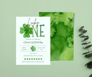 Editable Digital St Patrick's Day Lucky One 1st Birthday Invitation - Irish Baby Shamrock Lucky Clover First Birthday Party Canva Template