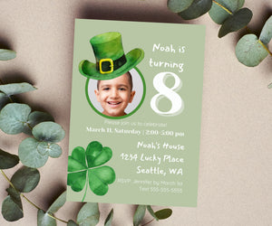 Editable Digital St Patrick's Day Photo Birthday Party Invitation - Irish Green Hat Shamrock Lucky Clover Birthday Party Canva Template