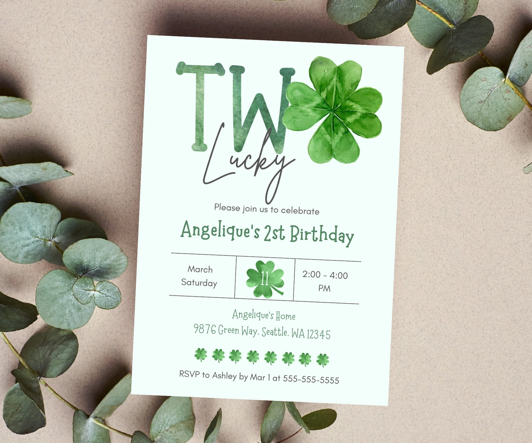 Editable Digital St Patrick's Day Two Lucky 2nd Birthday Invitation - Irish Baby Shamrock Lucky Clover Second Birthday Party Canva Template