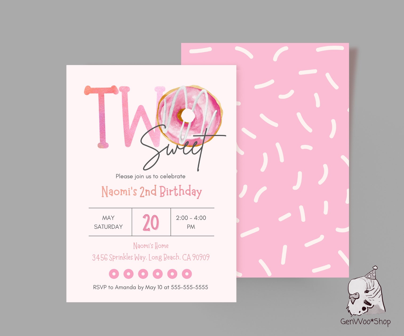 Editable Donut TWO Sweet 2nd Birthday Party Invitation Canva Template with Watercolor Donut - Donut Grow Up 2nd Birthday Invitation