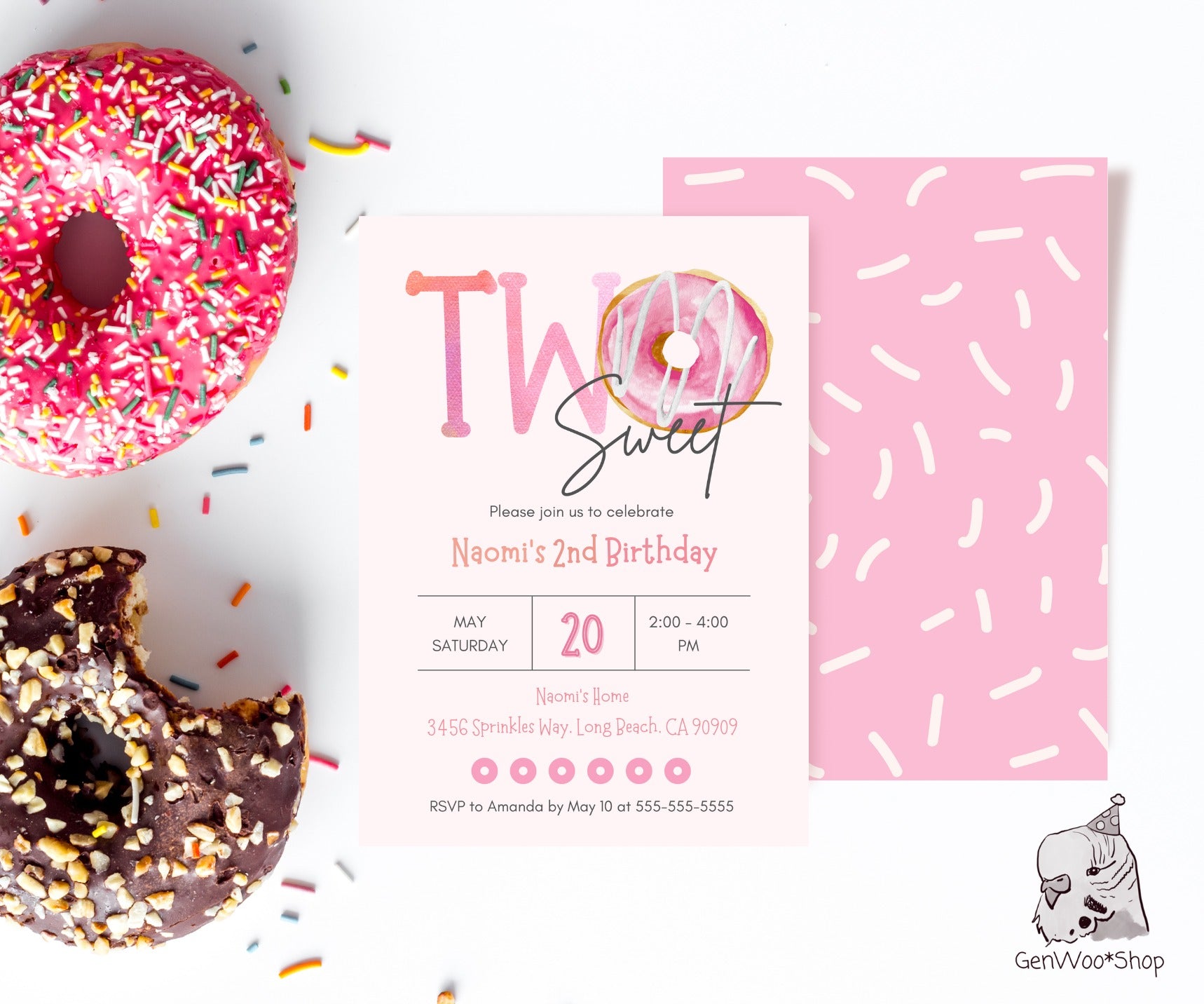 Editable Donut TWO Sweet 2nd Birthday Party Invitation Canva Template with Watercolor Donut - Donut Grow Up 2nd Birthday Invitation