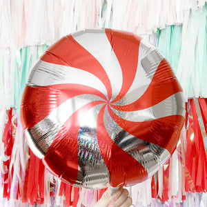 Holographic Red Peppermint Swirl Foil Balloon 18 inches, Christmas Party Decoration, Candy Cane Peppermint Balloon Decor, Holiday Birthday Party