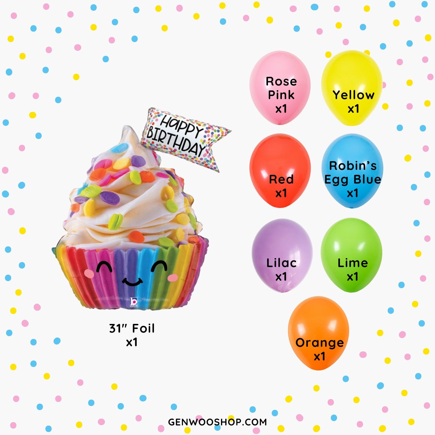 Smiley Rainbow Cupcake Balloon Bouquet - Colorful Birthday Party Balloons - Kawaii Cute Party Decorations - Ottawa Helium Balloons 