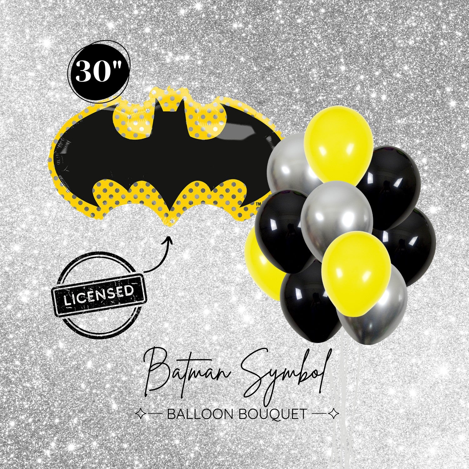 Licensed Batman Symbol Foil Balloon and Latex Balloon Bouquet - Boy Superhero Birthday Party Decors - Helium Balloons