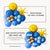 Balloon arrangement with blue, gold, and yellow balloons on a white background