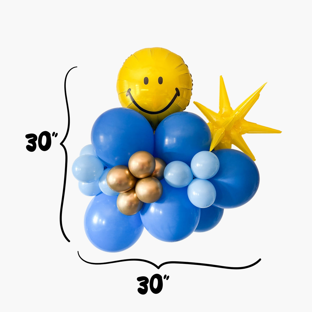 Balloon arrangement with a smiley face balloon, blue balloons, gold balloons, and a yellow star on a white background.