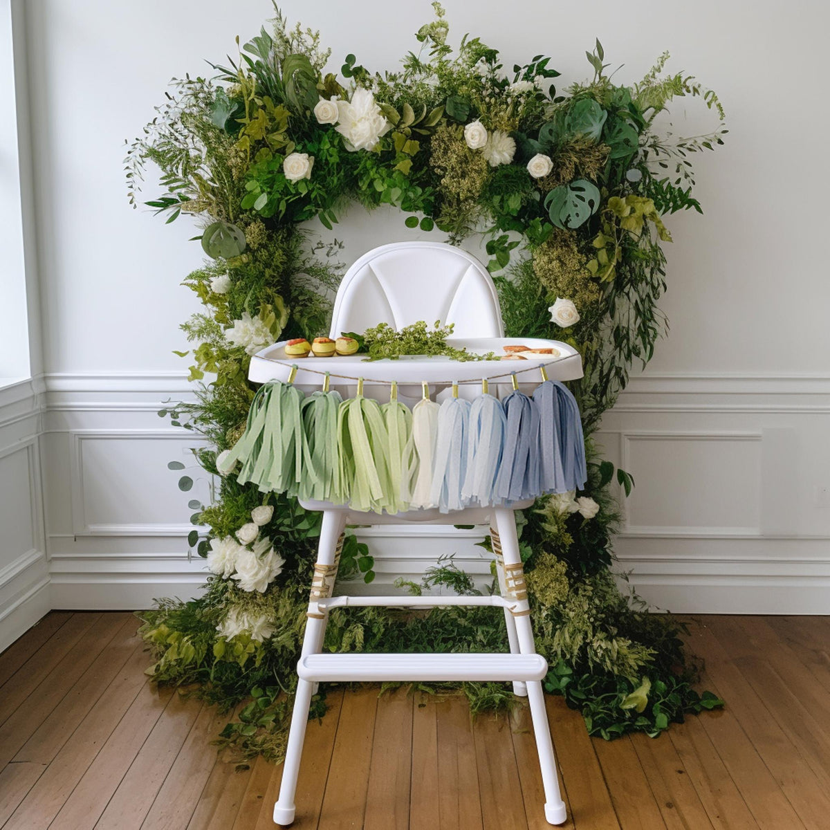 Blue Green Boho Rainbow High Chair Garland - Baby Eucalyptus Boho First Birthday & Cake Smash Decorations