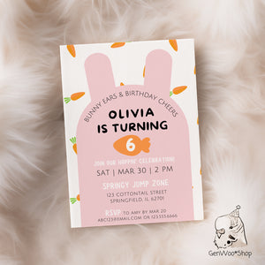 Editable Pink Bunny Birthday Party Invitation - Easter Rabbit Carrots Kids Event Invite Design Canva Template