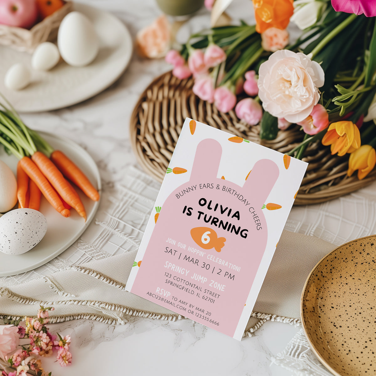 Editable Pink Bunny Birthday Party Invitation - Easter Rabbit Carrots Kids Event Invite Design Canva Template