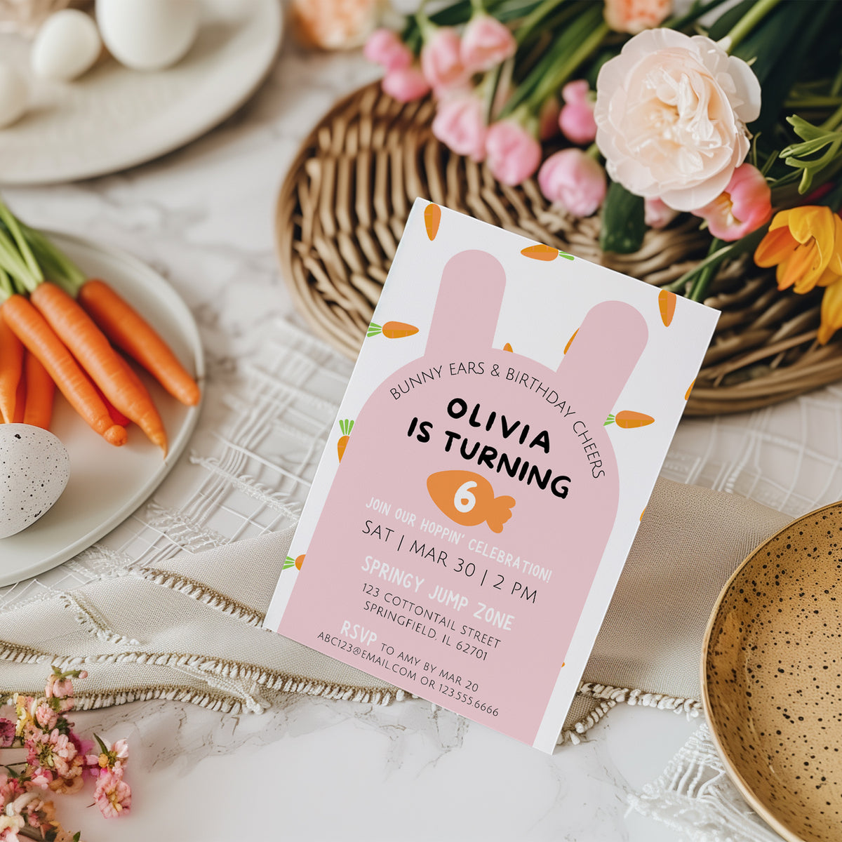 Editable Pink Bunny Birthday Party Invitation - Easter Rabbit Carrots Kids Event Invite Design Canva Template