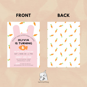 Editable Pink Bunny Birthday Party Invitation - Easter Rabbit Carrots Kids Event Invite Design Canva Template