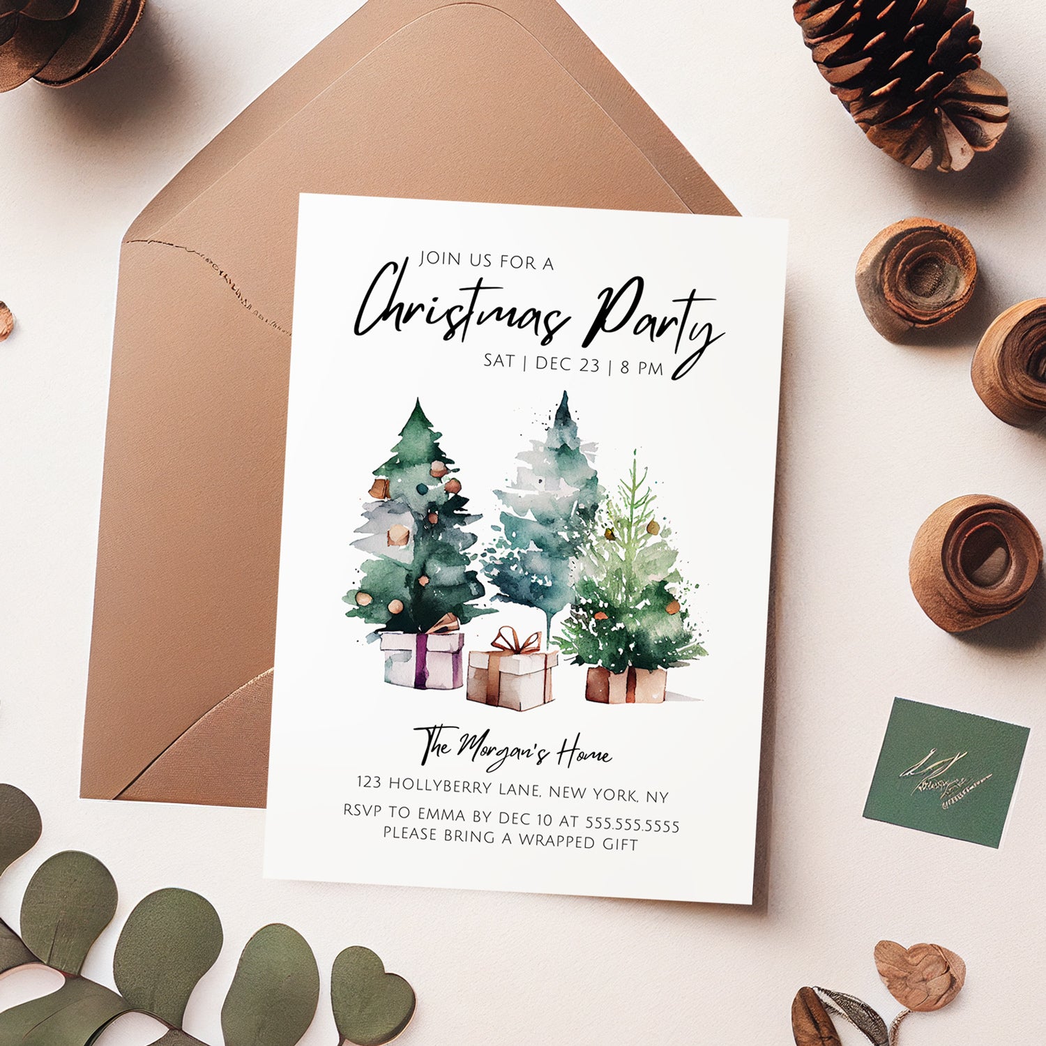 Editable Digital Christmas Party Invitation - Classic Watercolor Christmas Tree Birthday Party Digital Invitation - Canva Template Instant Download