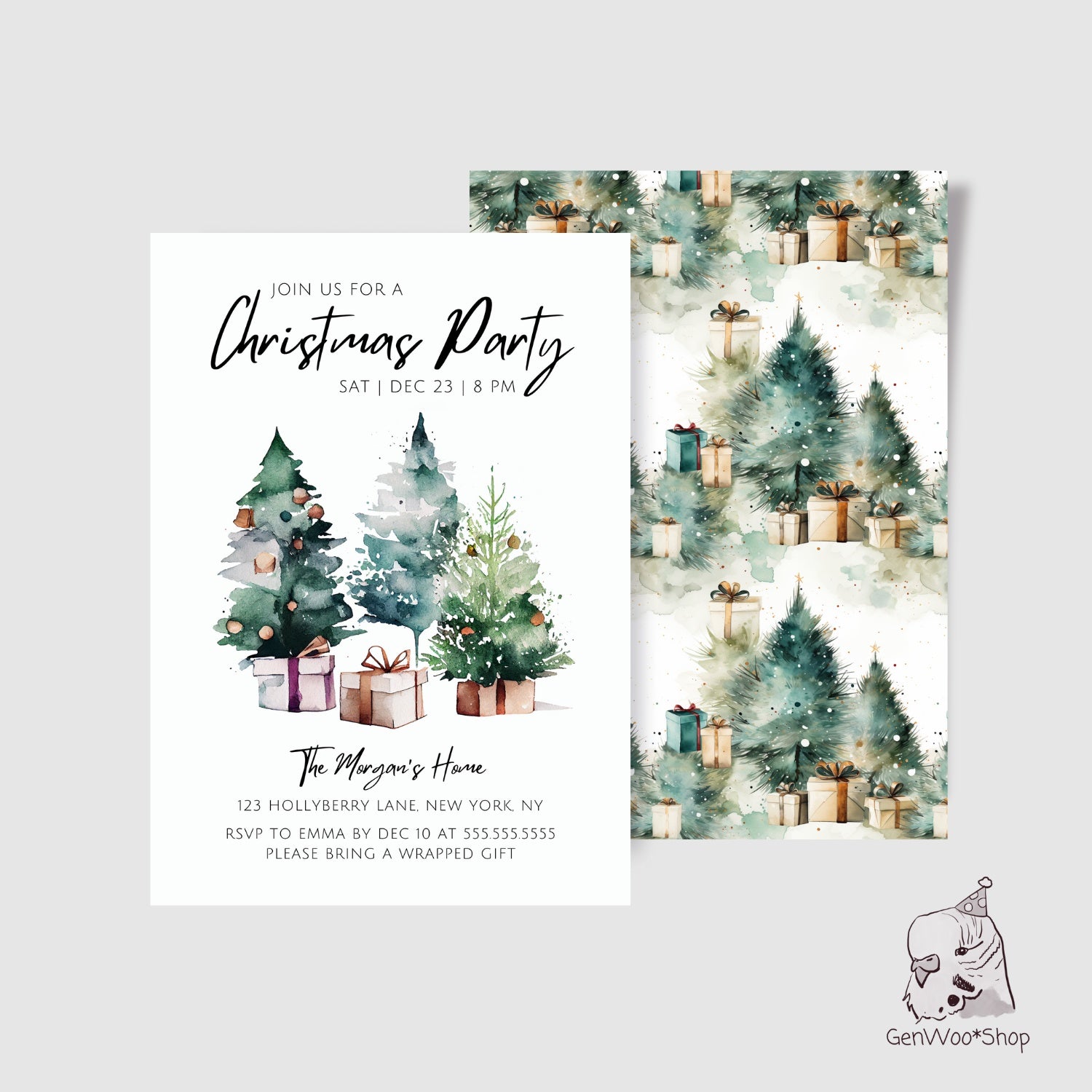Editable Digital Christmas Party Invitation - Classic Watercolor Christmas Tree Birthday Party Digital Invitation - Canva Template Instant Download