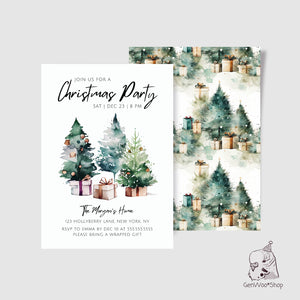 Editable Digital Christmas Party Invitation - Classic Watercolor Christmas Tree Birthday Party Digital Invitation - Canva Template Instant Download