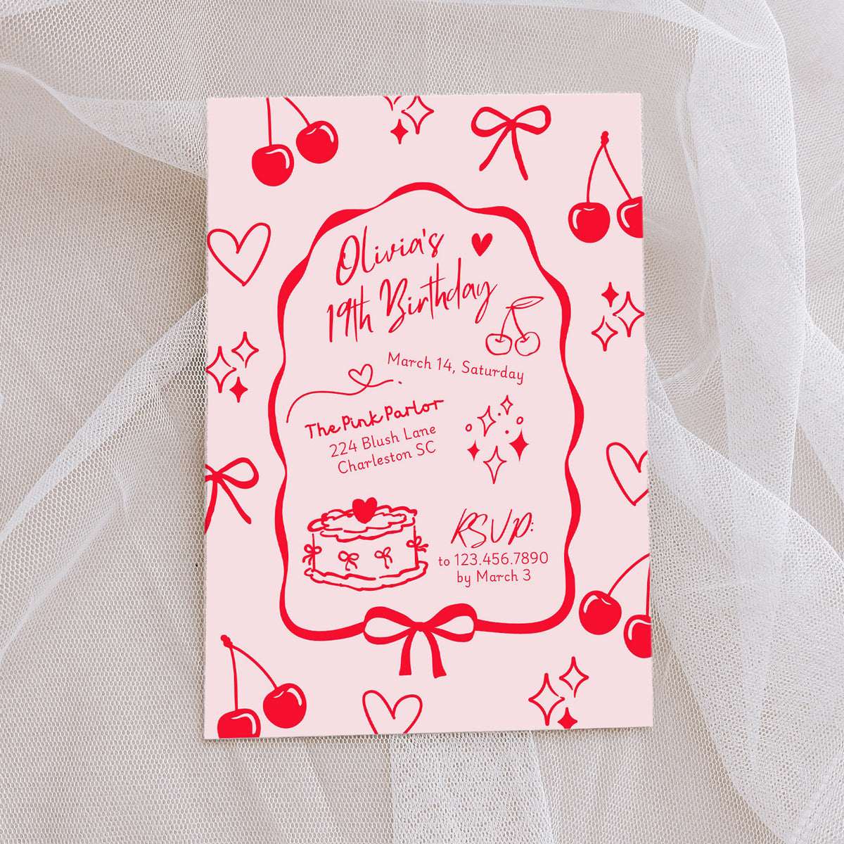 Coquette Cherries and Bows Birthday Party Digital Invitation - Editable