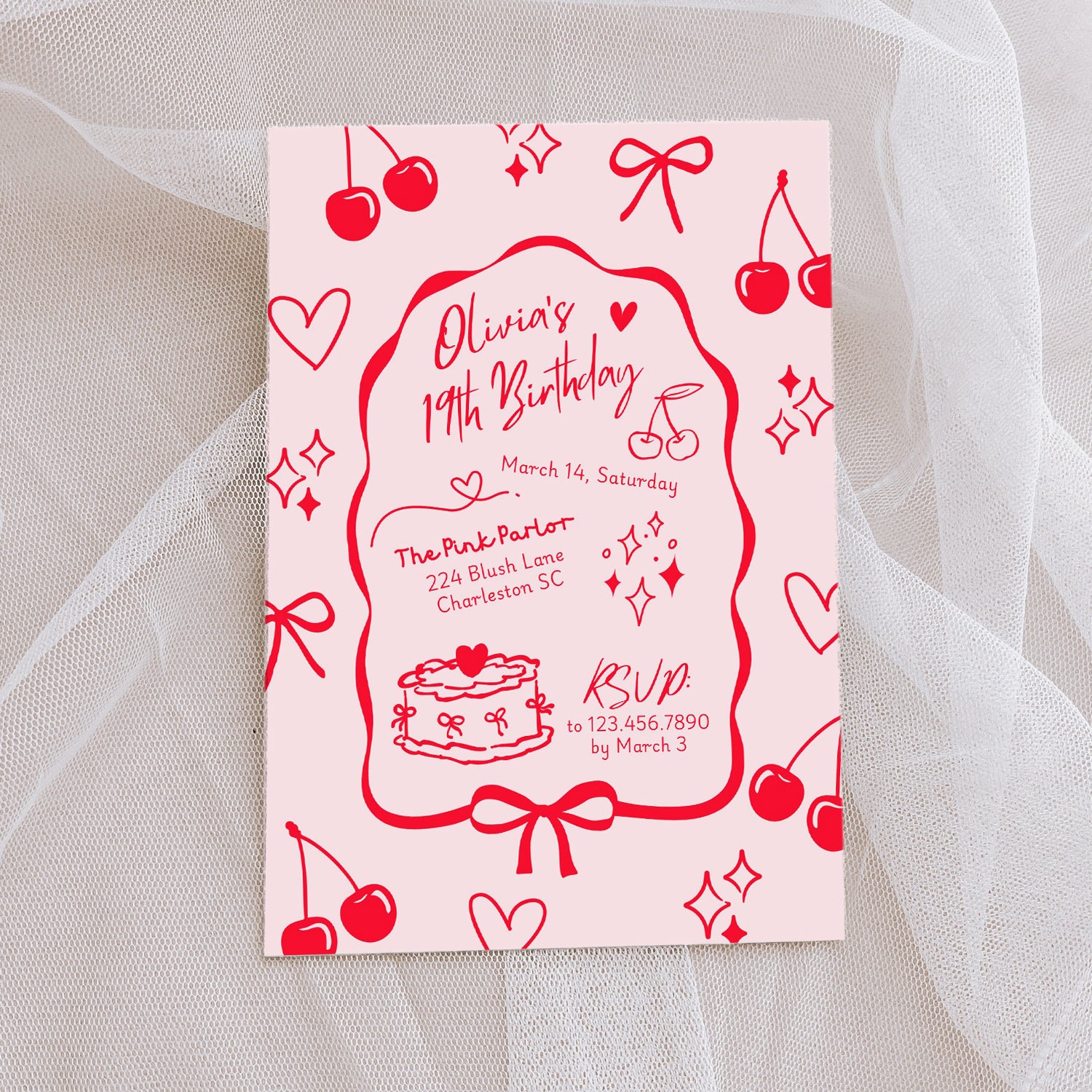 Coquette Cherries and Bows Birthday Party Digital Invitation - Editable
