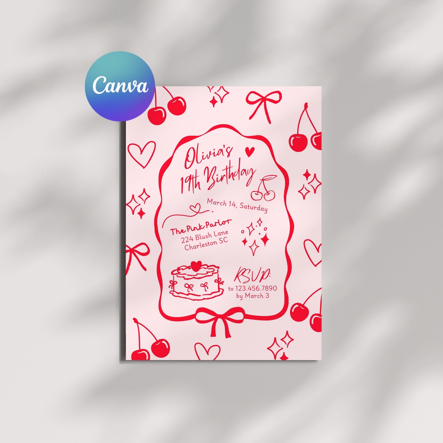 Coquette Cherries and Bows Birthday Party Digital Invitation - Editable