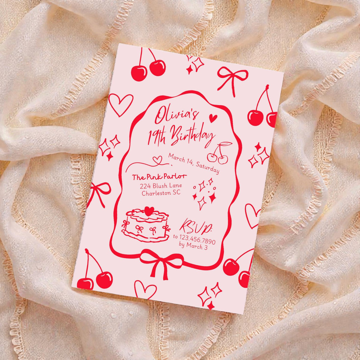 Coquette Cherries and Bows Birthday Party Digital Invitation - Editable