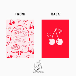 Coquette Cherries and Bows Birthday Party Digital Invitation - Editable