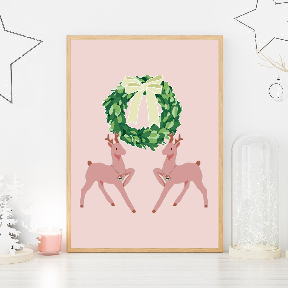 Holiday Deer and Wreath Pink - Digital Print - Christmas Wall Art Instant Download Printable - Illustration for Children