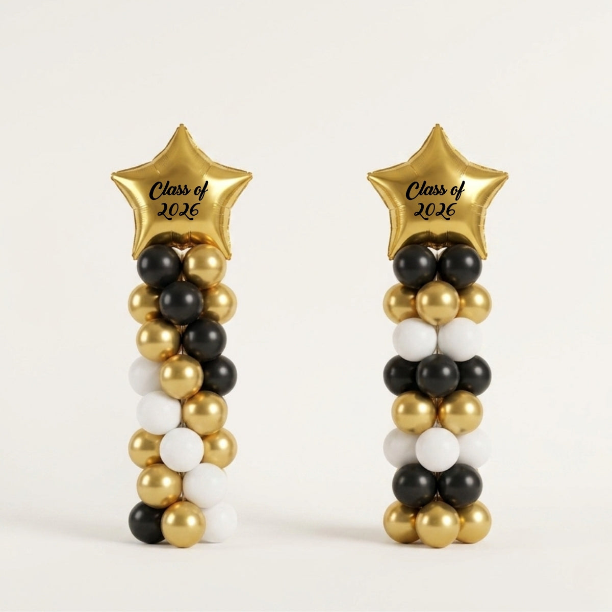 Golden Star Graduation Balloon Columns with Decal Class of 2026 in gold, black, and white.