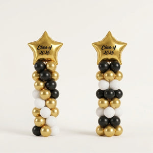 Golden Star Graduation Balloon Columns with Decal Class of 2026 in gold, black, and white.