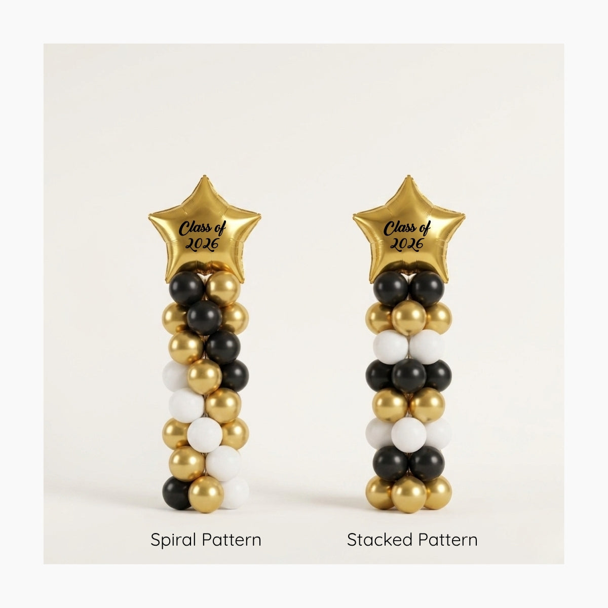 Golden Star Graduation Balloon Columns with Decal Class of 2026 in gold, black, and white.
