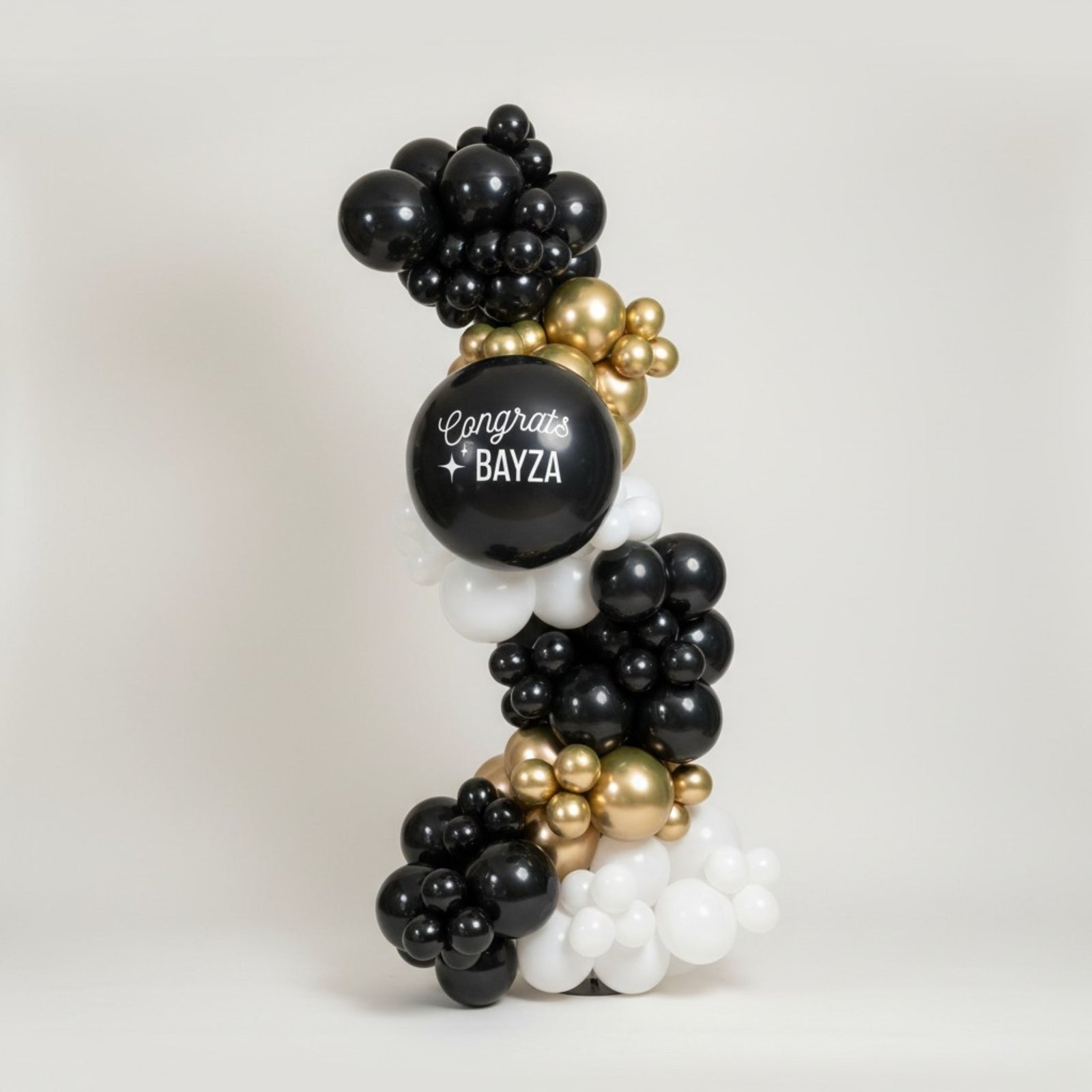 Black Gold and White Free Standing Balloon Garland for Graduation Party with Custom Decals