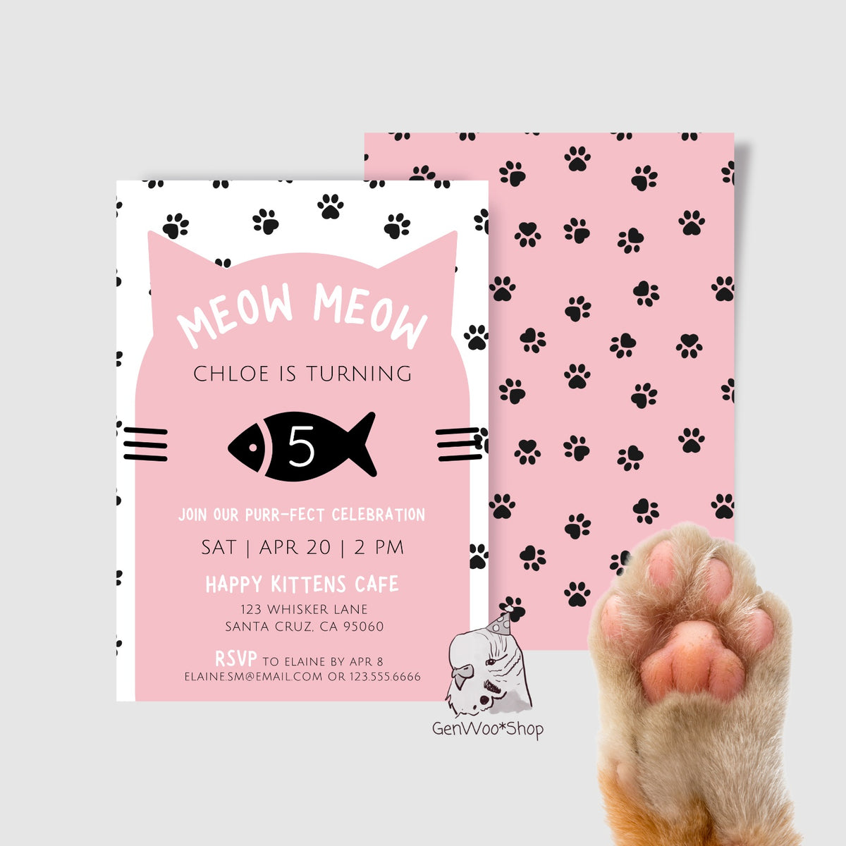 Editable Digital Meow Meow Cat Birthday Party Invitation - Pet Cat Kitty Kitten Birthday - Kids Birthday Invite 