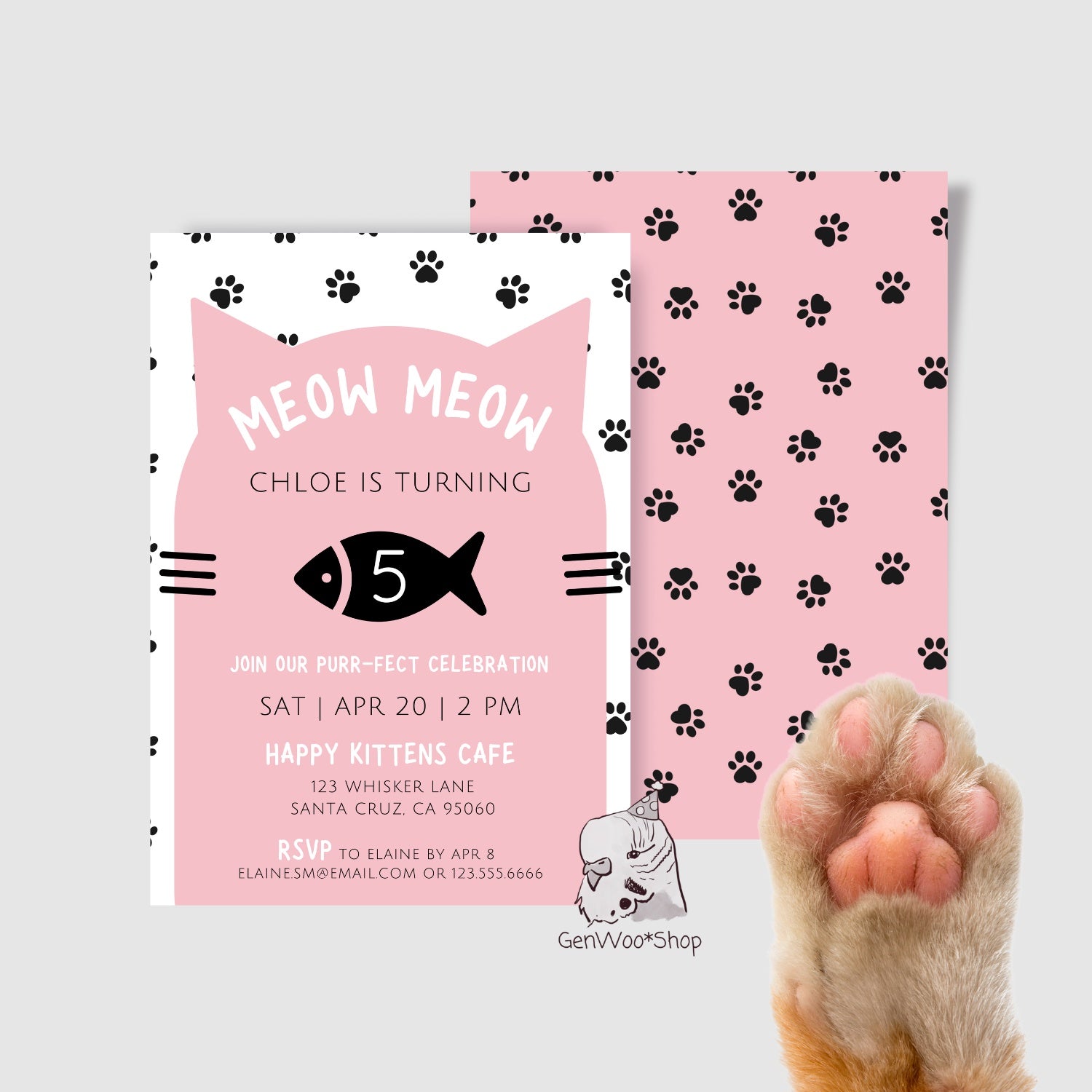 Editable Digital Meow Meow Cat Birthday Party Invitation - Pet Cat Kitty Kitten Birthday - Kids Birthday Invite 