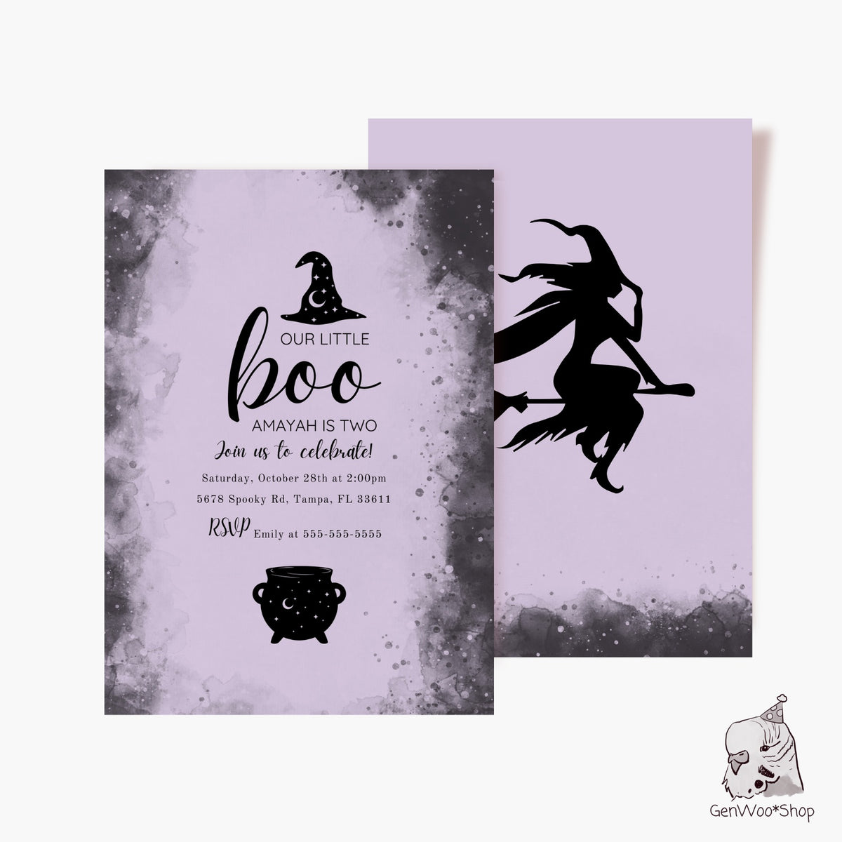 Editable Digital Halloween Purple Witch Birthday Party Invitation