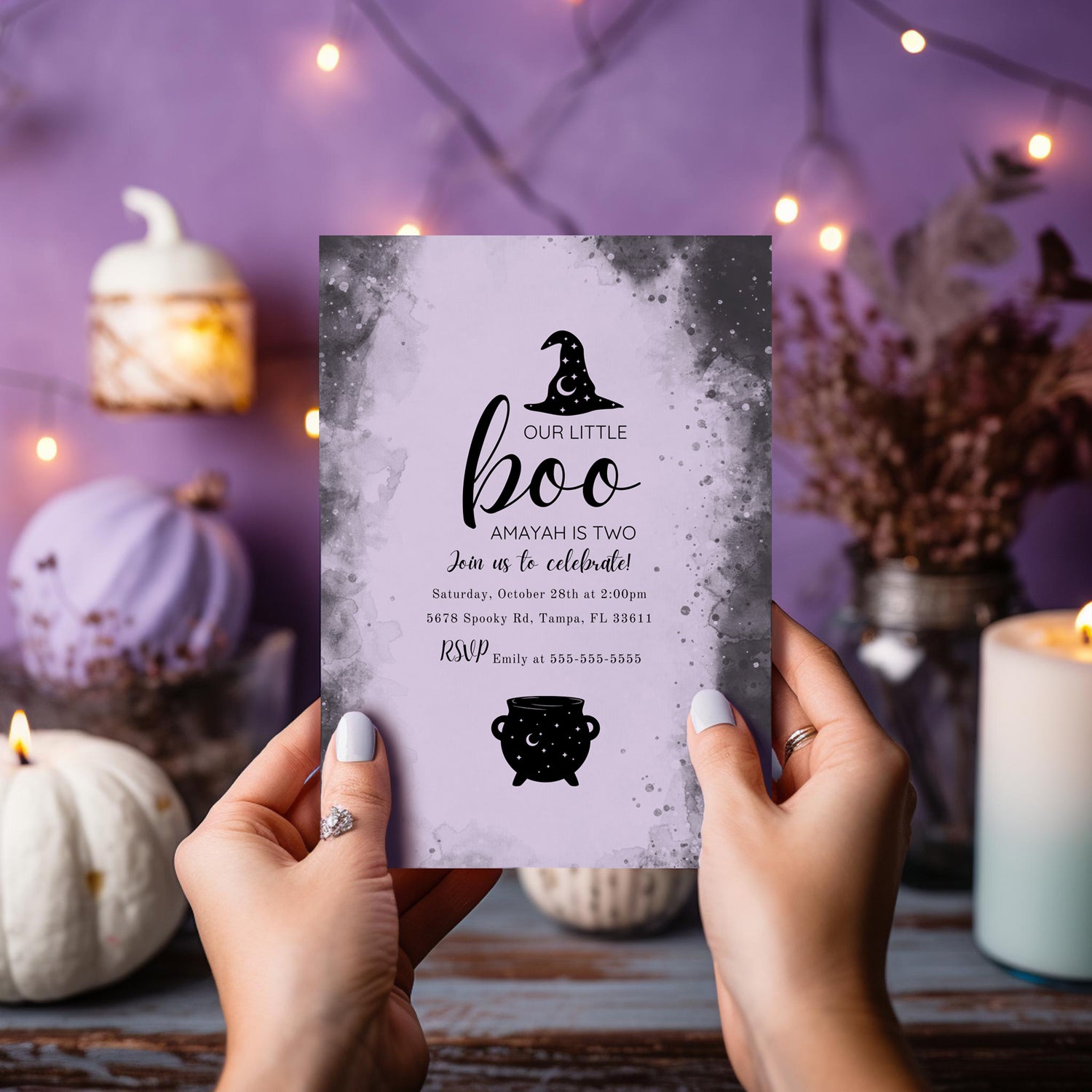 Editable Digital Halloween Purple Witch Birthday Party Invitation