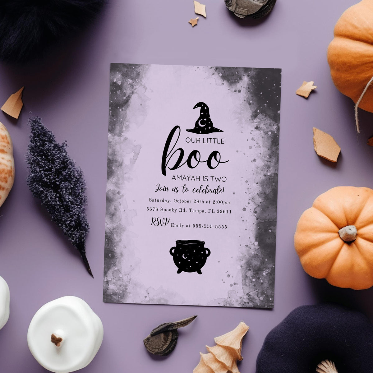 Editable Digital Halloween Purple Witch Birthday Party Invitation