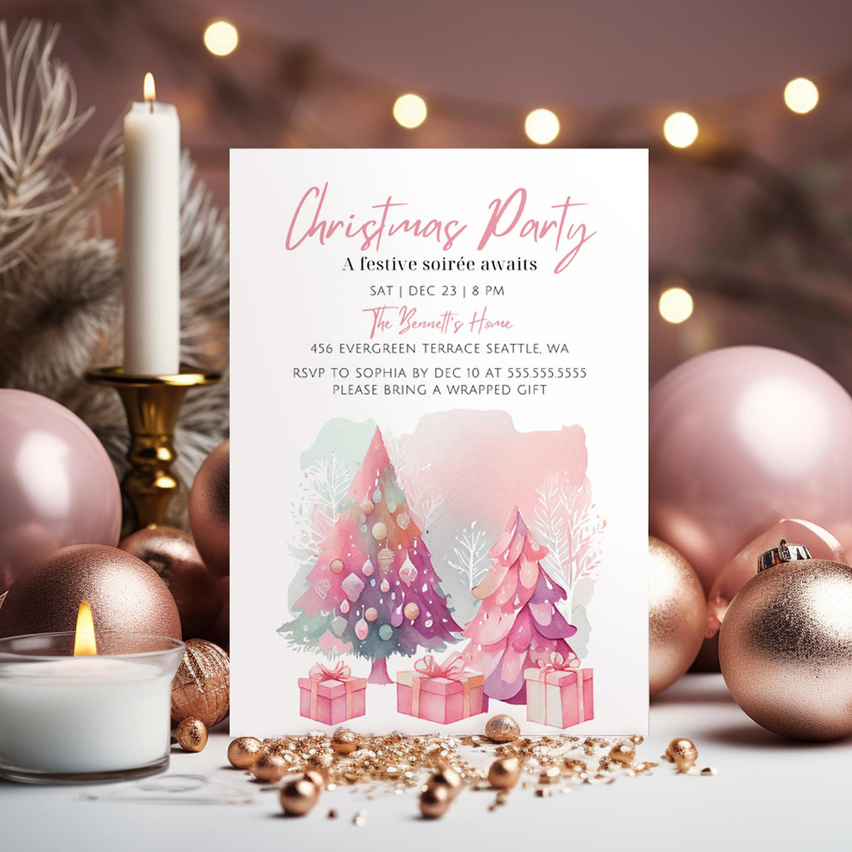 Editable Digital Pink Christmas Party Invitation - Pastel Watercolor Christmas Birthday Party Digital Invitation - Canva Template Instant Download