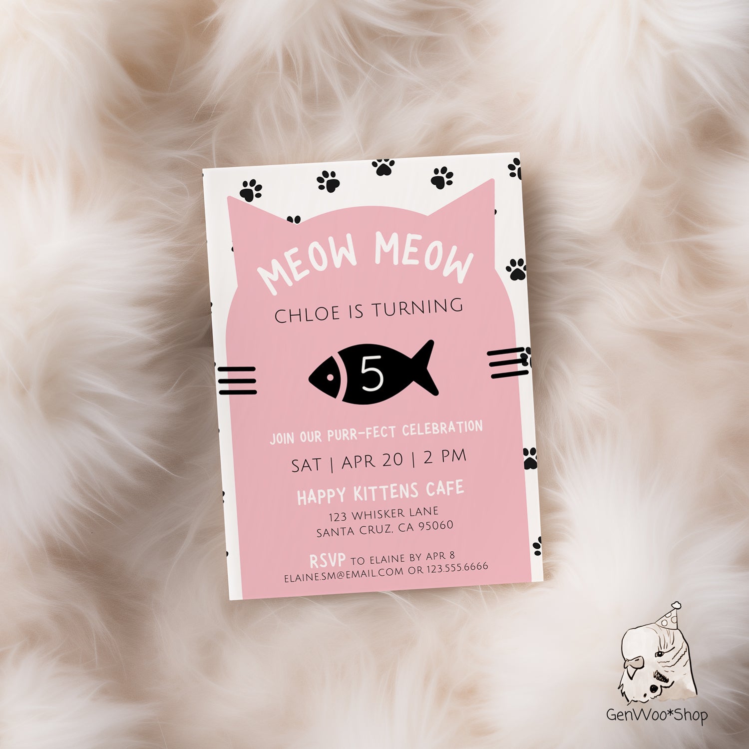 Editable Digital Meow Meow Cat Birthday Party Invitation - Pet Cat Kitty Kitten Birthday - Kids Birthday Invite 