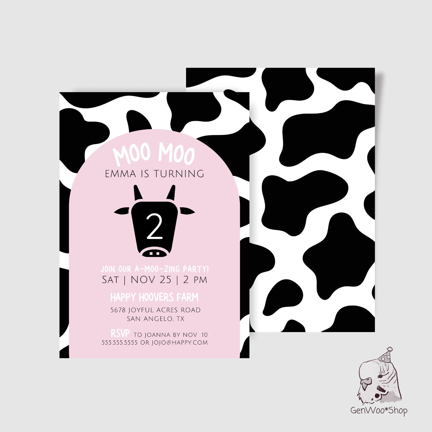 Editable Digital Moo Moo Cowgirl Birthday Party Invitation - Let's Go Girl - Moo I'm Two - Farm Birthday