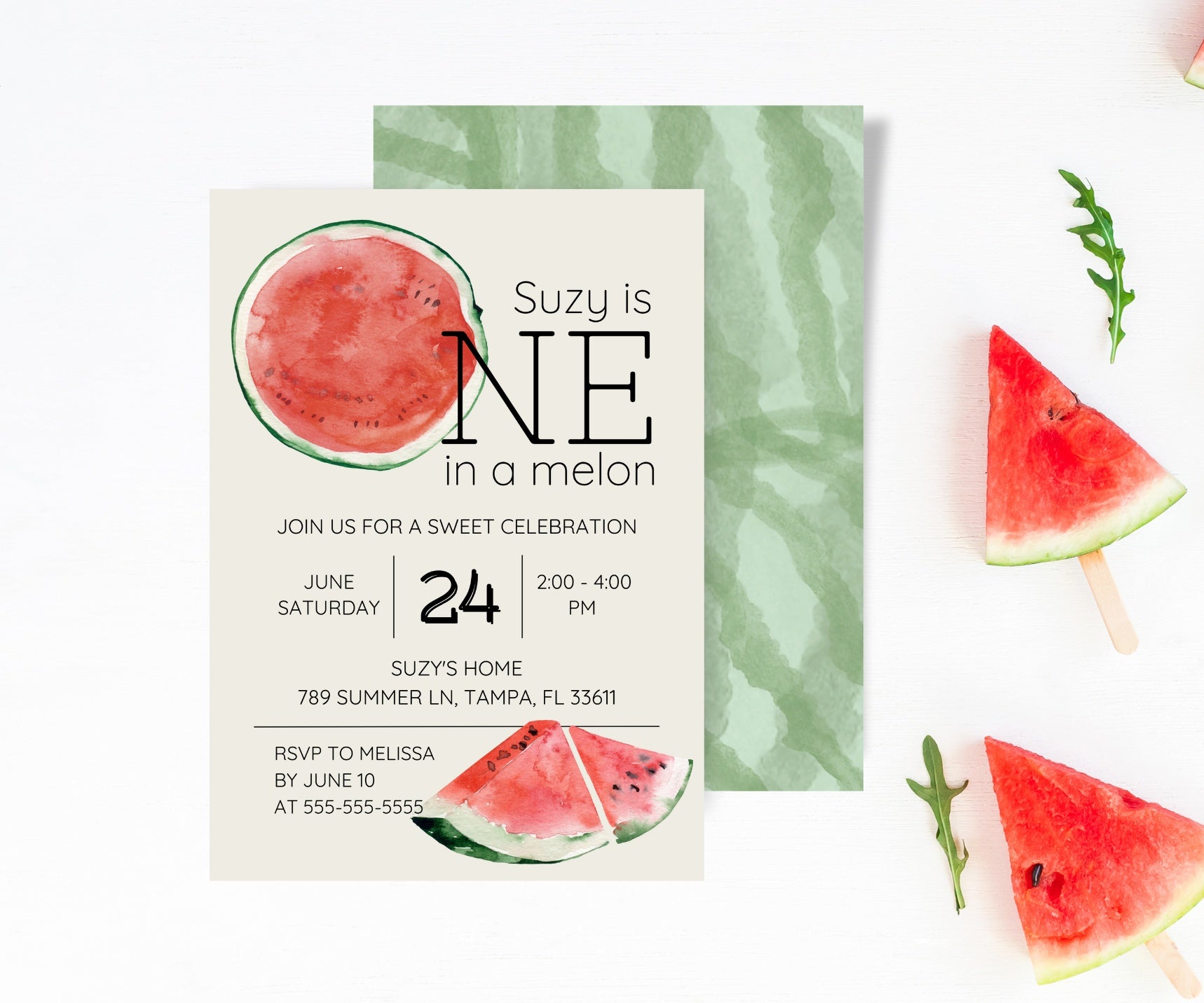 Editable One in a Melon 1st Birthday Party Invitation Canva Template with Watercolor Watermelon