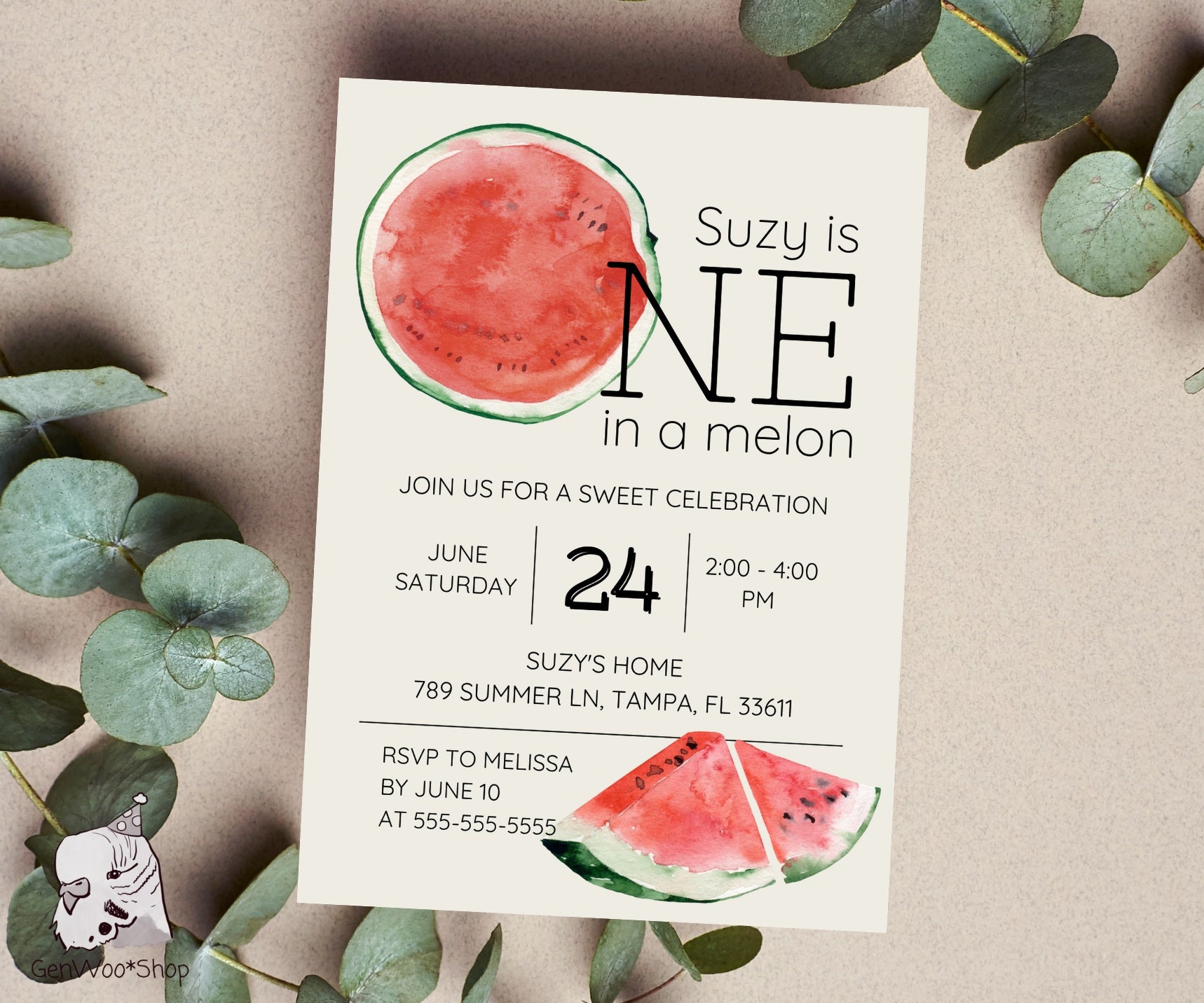 Editable One in a Melon 1st Birthday Party Invitation Canva Template with Watercolor Watermelon