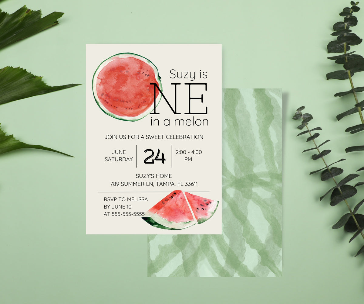 Editable One in a Melon 1st Birthday Party Invitation Canva Template with Watercolor Watermelon