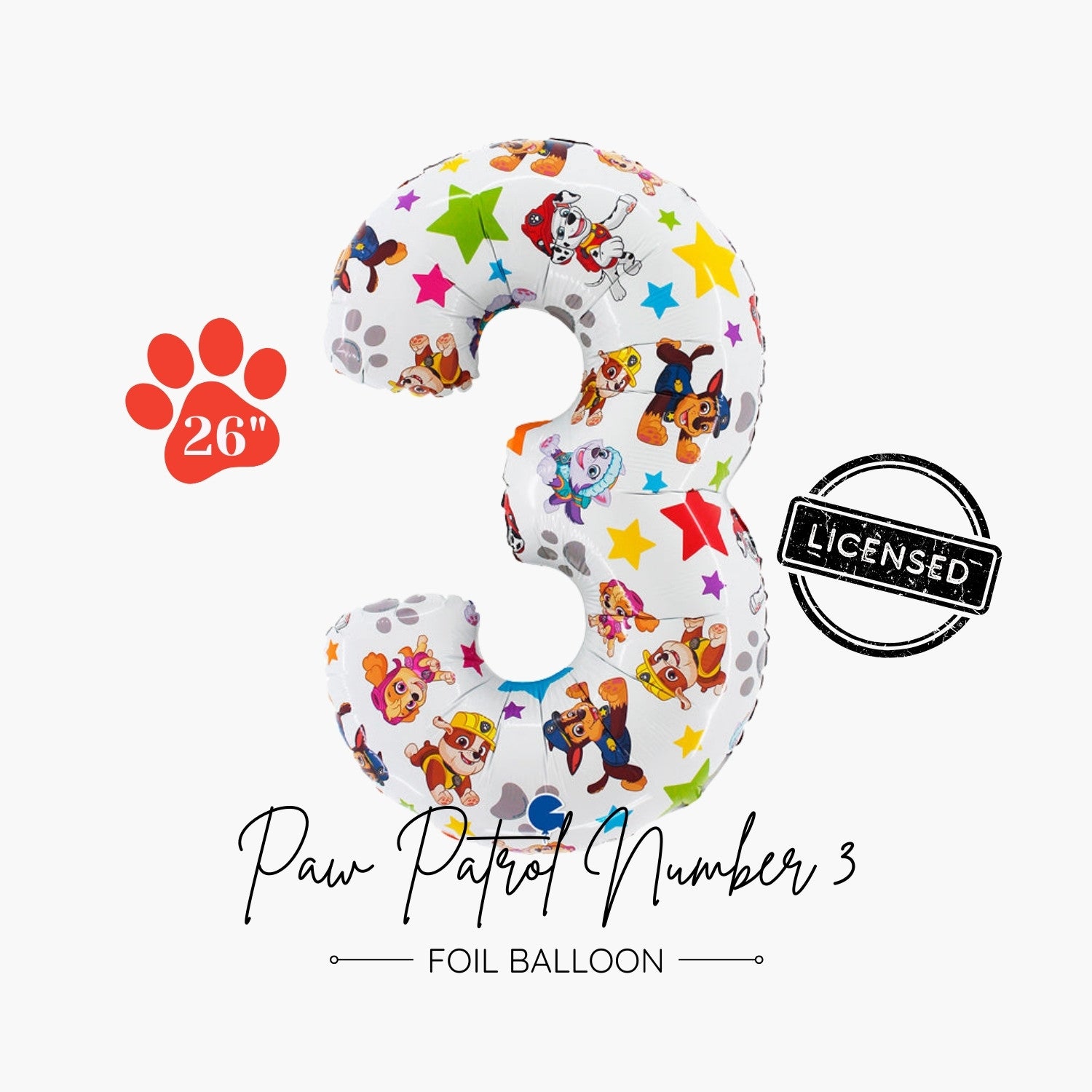 Licensed Paw Patrol Number 3 Foil Balloon 26" - Trendy Dog Cartoon Kids Third Birthday Decorations - Ottawa Balloon Styling