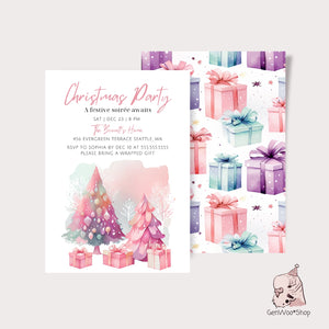 Editable Digital Pink Christmas Party Invitation - Pastel Watercolor Christmas Birthday Party Digital Invitation - Canva Template Instant Download