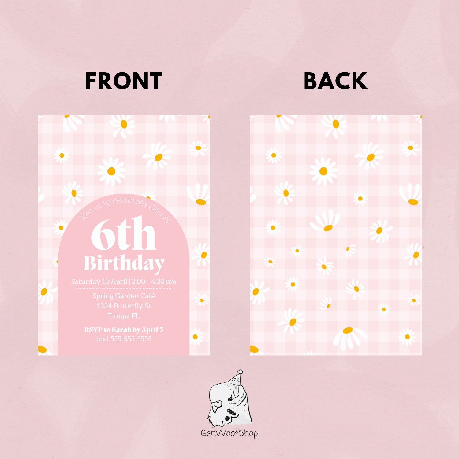 Editable Digital Pink Gingham Daisy Birthday Invitation
