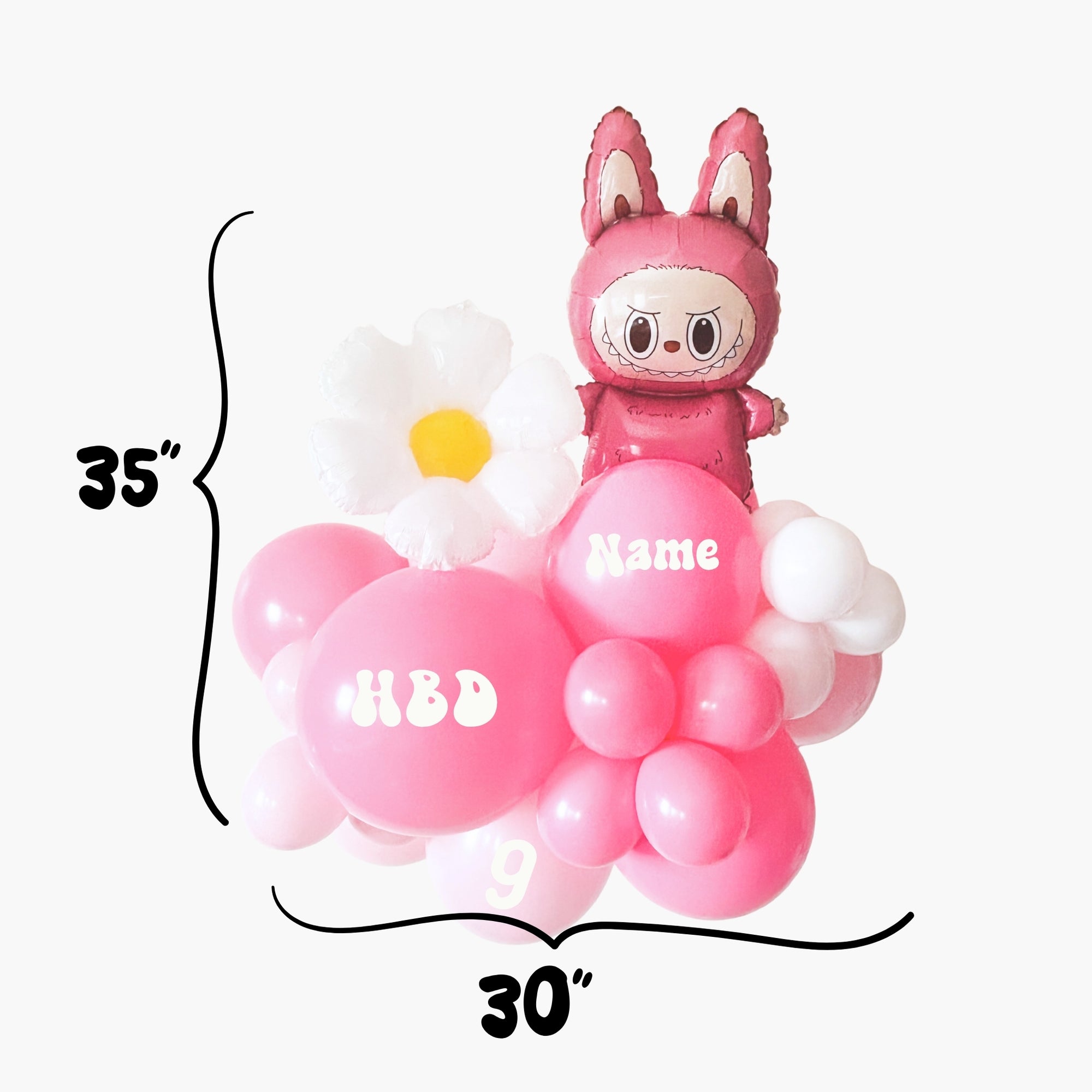 Pink Lafufu balloon with a flower and 'HBD' text on a white background